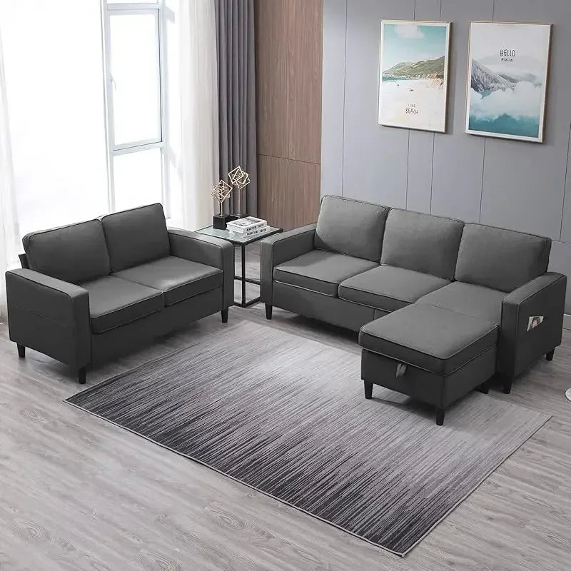 RPD4-Mjne 3 PCS Convertible Sectional.Linen Set Side Pocket.Couch with Storage Ottoman.Furniture in LivZS