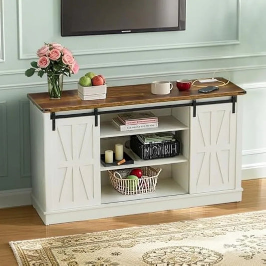 rustic wood 65-inch farmhouse tv stand with sliding barn doors and power outlets entertainment center