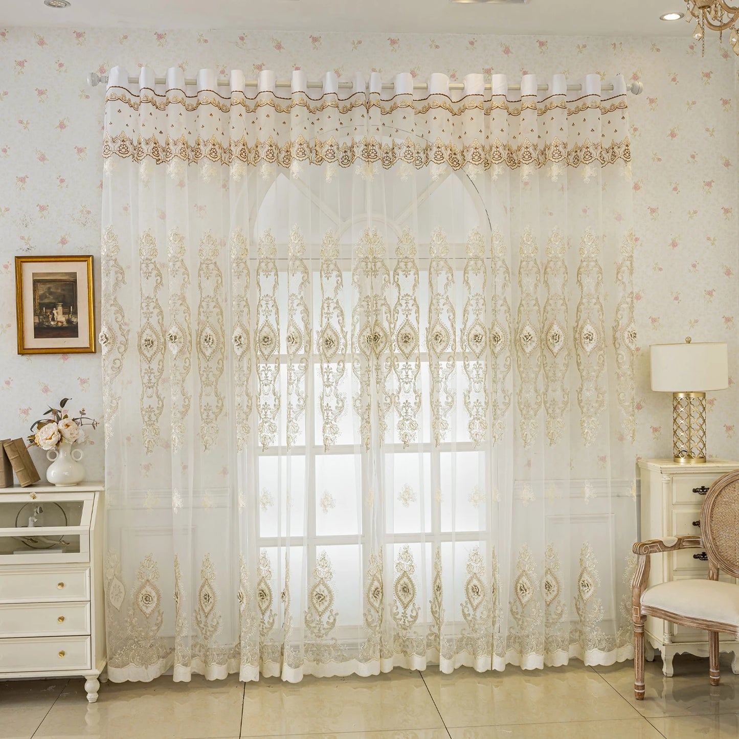 Curtain, embroidered window screen