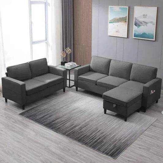 RPD4-Mjne 3 PCS Convertible Sectional.Linen Set Side Pocket.Couch with Storage Ottoman.Furniture in LivZS
