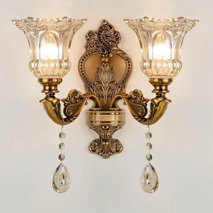 2025 New European Style Retro Crystal Glass Wall Lamp Dual Head Living Room Bedroom Bedside Lamp Corridor Corridor Wall Lamp